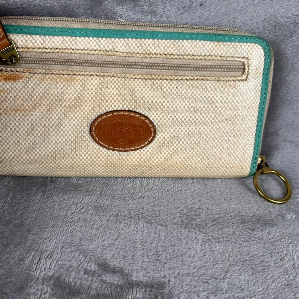 Fossil Zip‎ Around Woven Canvas Wallet Polka Dots Beige Tan With Turquoise Flaws